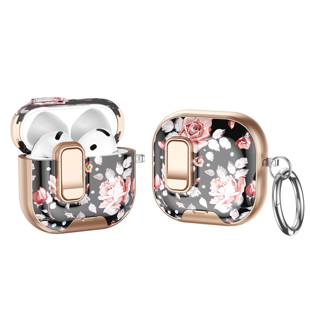 For AirPods 4 with ANC Case Phone Stand Lock Design Patttern Print TPU PC Earphone Cover with Metal Carabiner - Black Rose