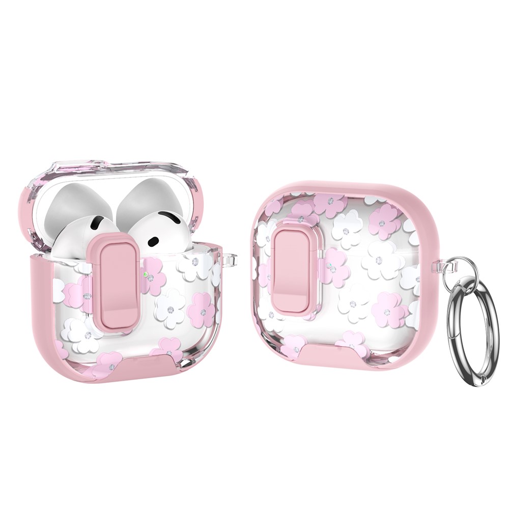 For AirPods 4 with ANC Case Phone Stand Lock Design Patttern Print TPU PC Earphone Cover with Metal Carabiner - Pink White Flower