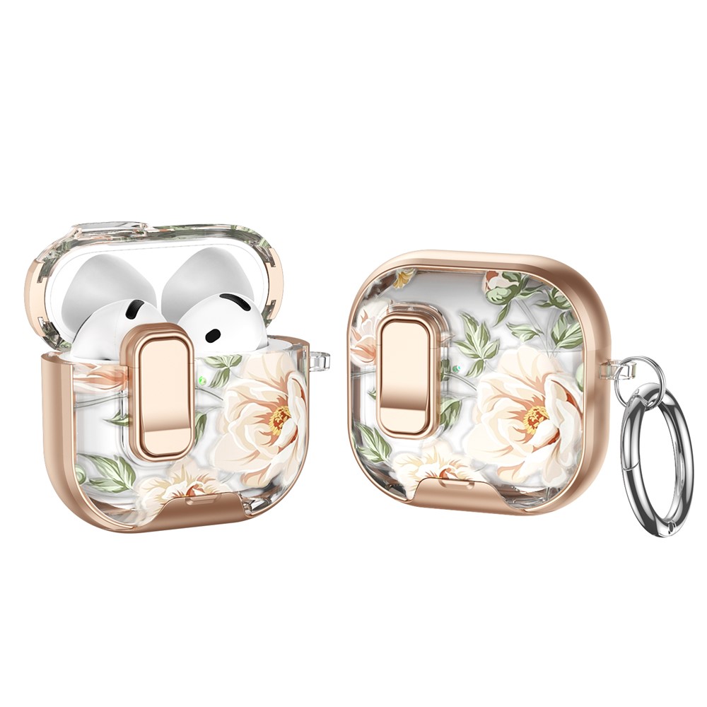 For AirPods 4 with ANC Case Phone Stand Lock Design Patttern Print TPU PC Earphone Cover with Metal Carabiner - Transparent Rose
