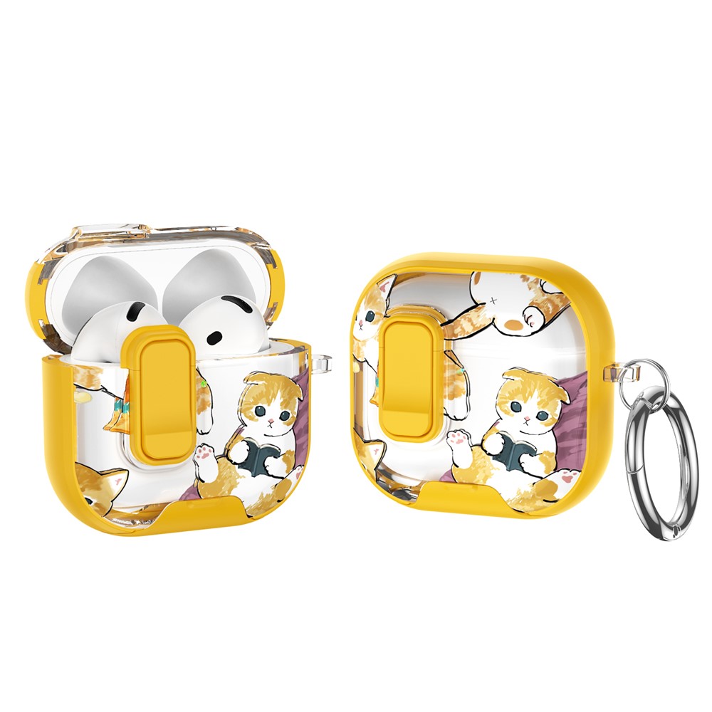 For AirPods 4 with ANC Case Phone Stand Lock Design Patttern Print TPU PC Earphone Cover with Metal Carabiner - Cartoon Cat