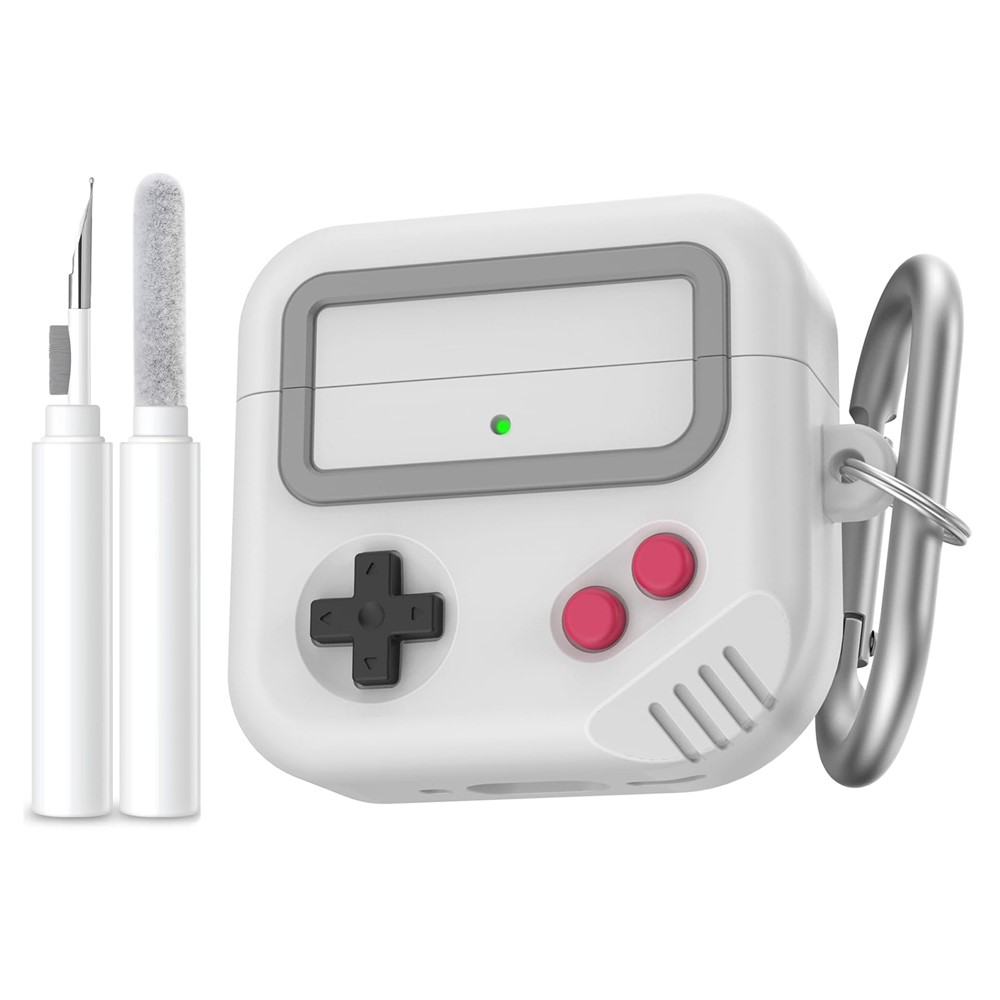 AHASTYLE JY21 For AirPods 5 / 4 Protective Case Game Console Design Split Silicone Earphone Cover with Carabiner and Cleaning Pen - Light Grey