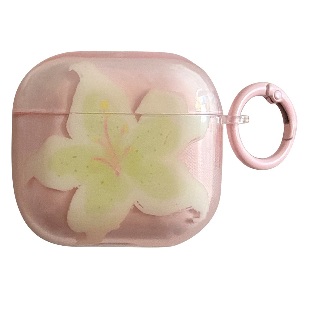 For AirPods 5 / 4 Protective Case IMD Floral Pattern Transparent TPU Cover with Metal Buckle - Transparent Pink