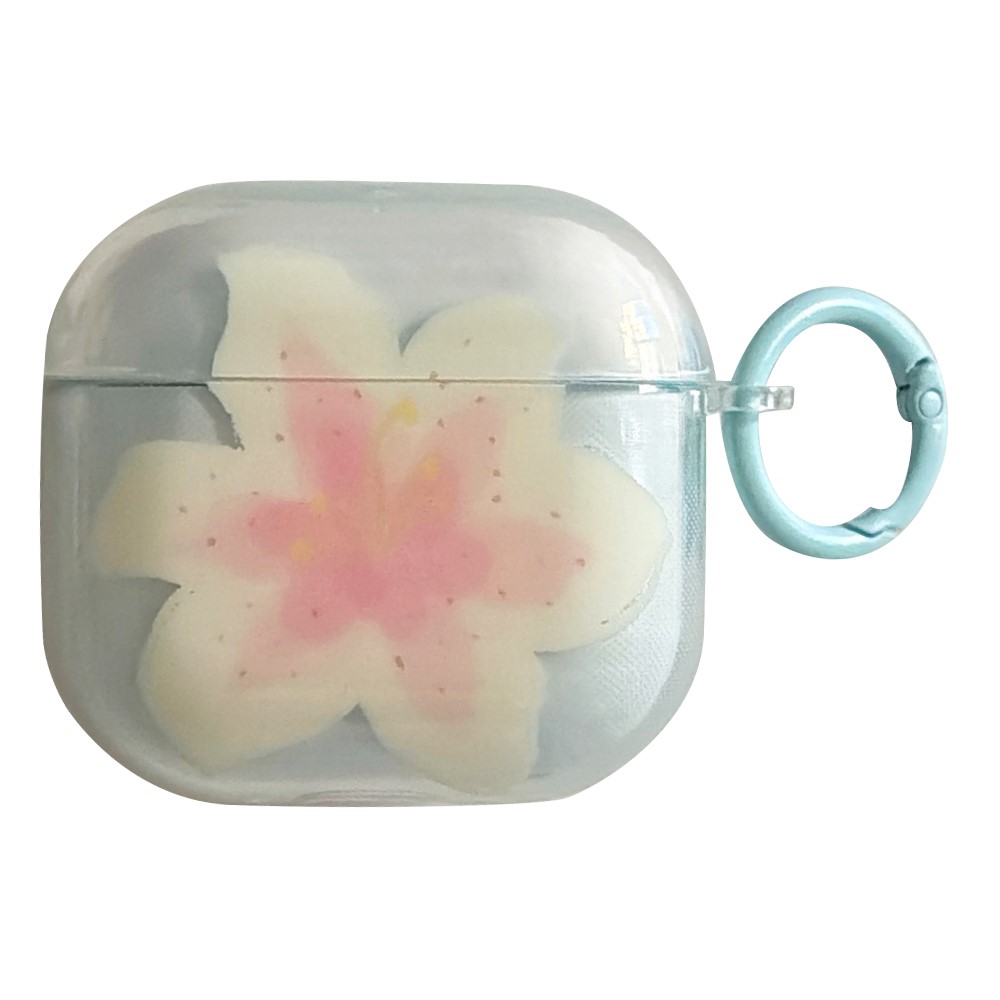 For Apple AirPods 3 Protective Case IMD Floral Pattern Transparent TPU Cover with Metal Buckle - Transparent Blue