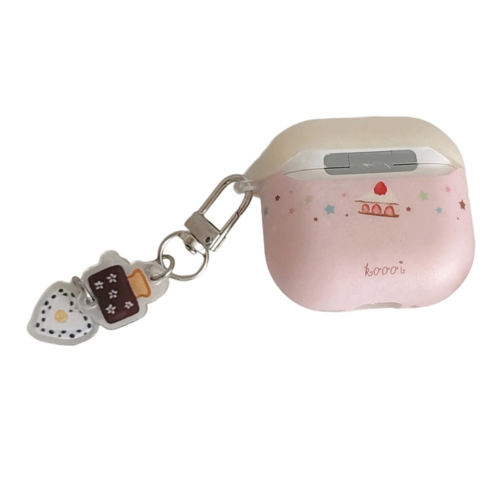 For AirPods 4 Cute Cake Pattern Soft Silicone Case with Keychain Food Charms & Clip Earbuds Protective Cover