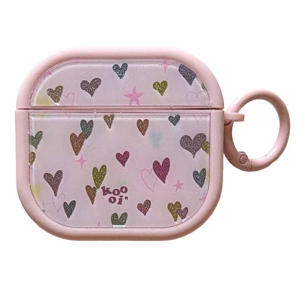 Colorful Heart Case for AirPods 4 Glitter TPU Earbuds Protective Cover with Carabiner Clip - Pink
