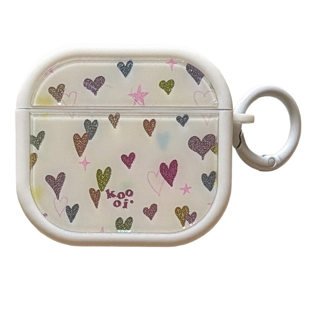 Colorful Heart Case for AirPods 3 Glitter TPU Earbuds Protective Cover with Carabiner Clip - White