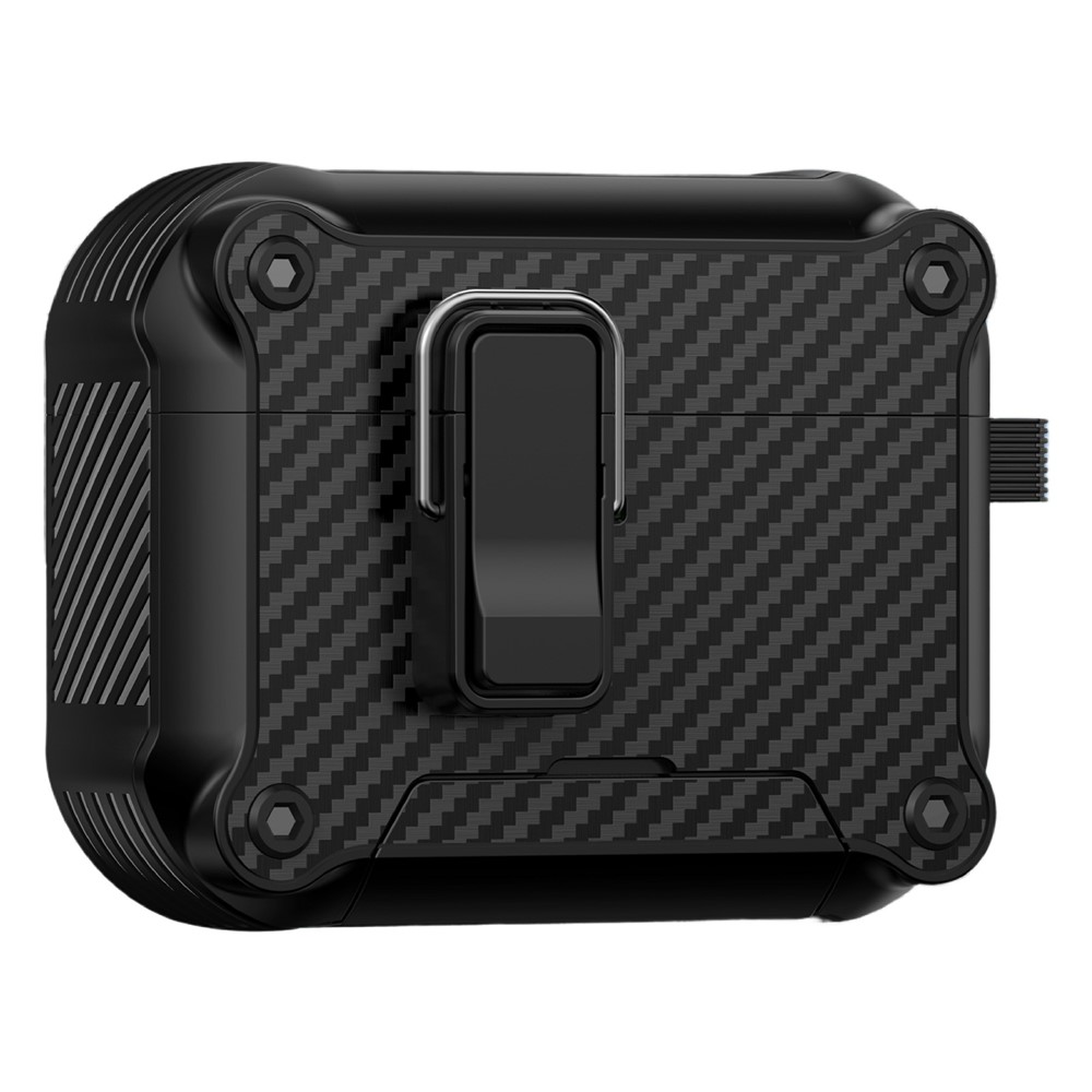 For AirPods Pro 2 Earphone Case Carbon Fiber Texture Phone Stand TPU + PC Magnetic Protective Cover with Carabiner - Black