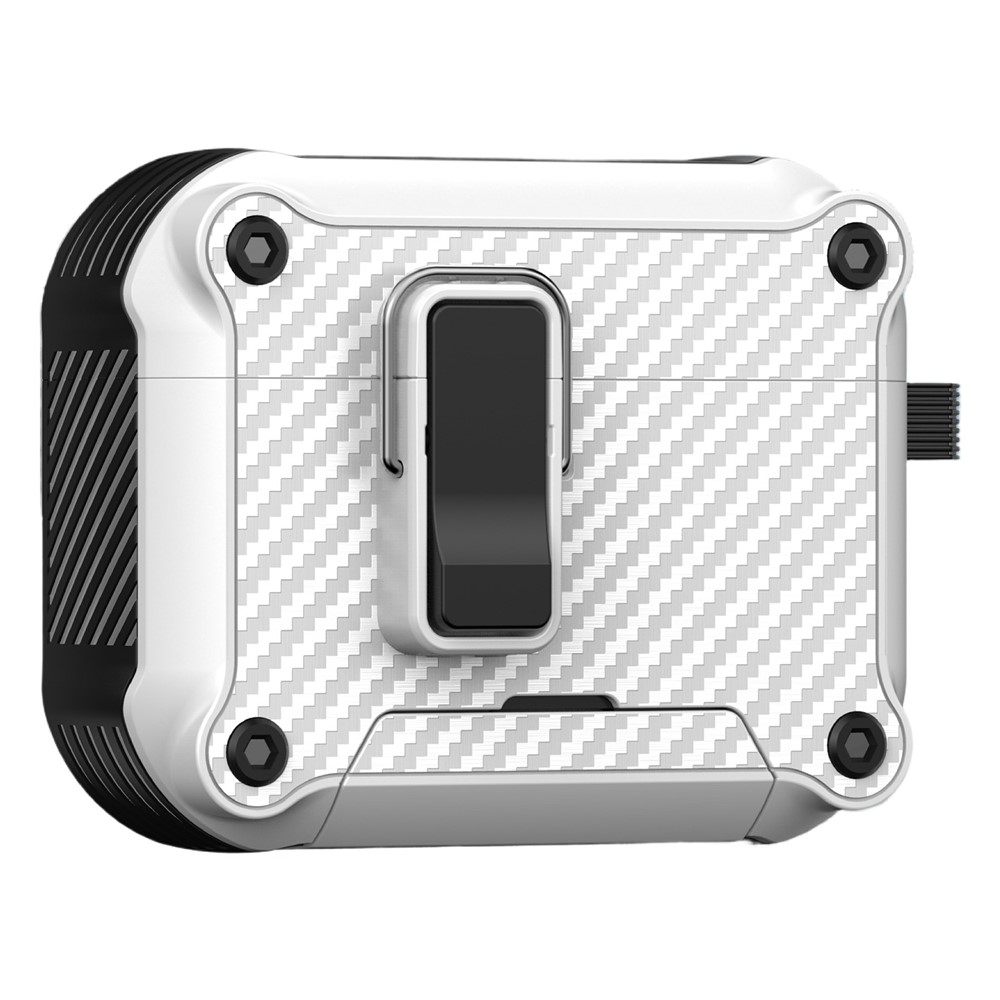For AirPods Pro 2 Earphone Case Carbon Fiber Texture Phone Stand TPU + PC Magnetic Protective Cover with Carabiner - White