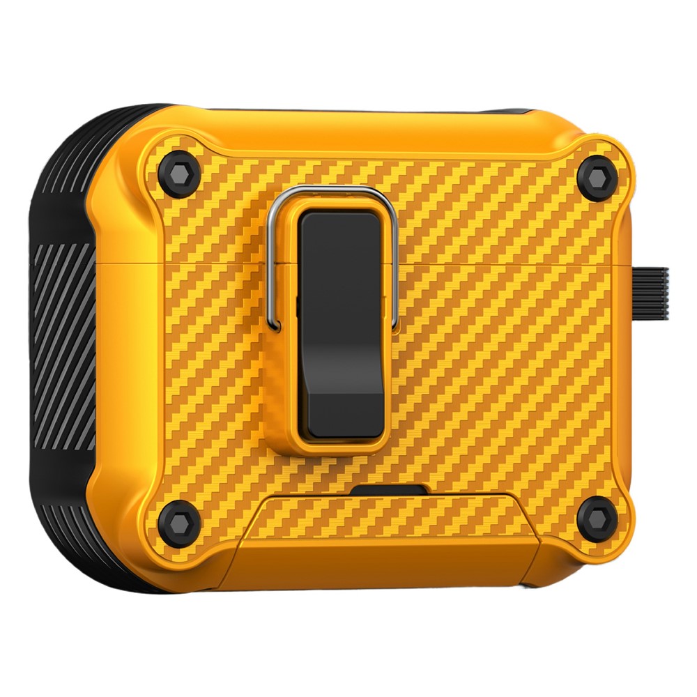 For AirPods Pro 2 Earphone Case Carbon Fiber Texture Phone Stand TPU + PC Magnetic Protective Cover with Carabiner - Yellow