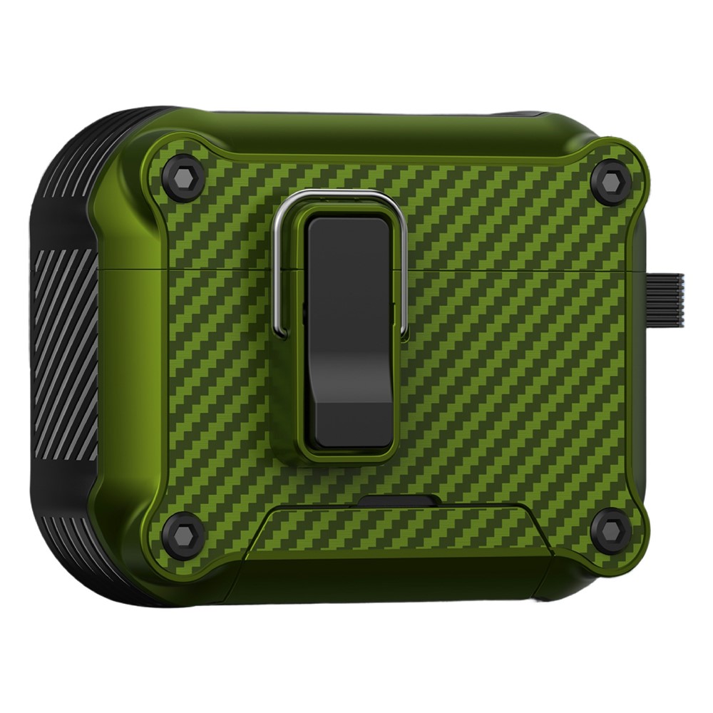 For AirPods Pro 2 Earphone Case Carbon Fiber Texture Phone Stand TPU + PC Magnetic Protective Cover with Carabiner - Army Green