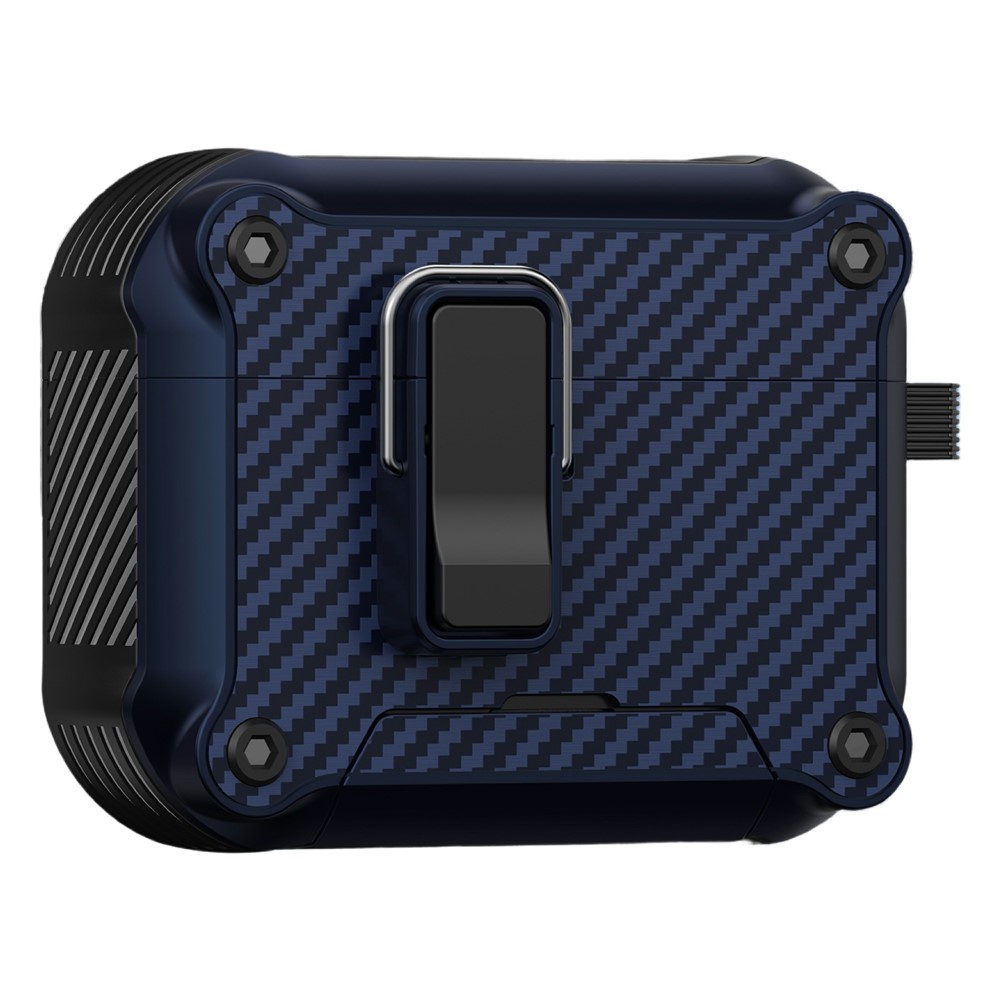 For AirPods Pro 2 Earphone Case Carbon Fiber Texture Phone Stand TPU + PC Magnetic Protective Cover with Carabiner - Dark Blue