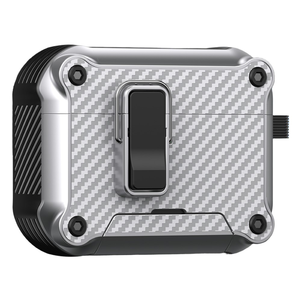 For AirPods Pro 2 Earphone Case Carbon Fiber Texture Phone Stand TPU + PC Magnetic Protective Cover with Carabiner - Silver