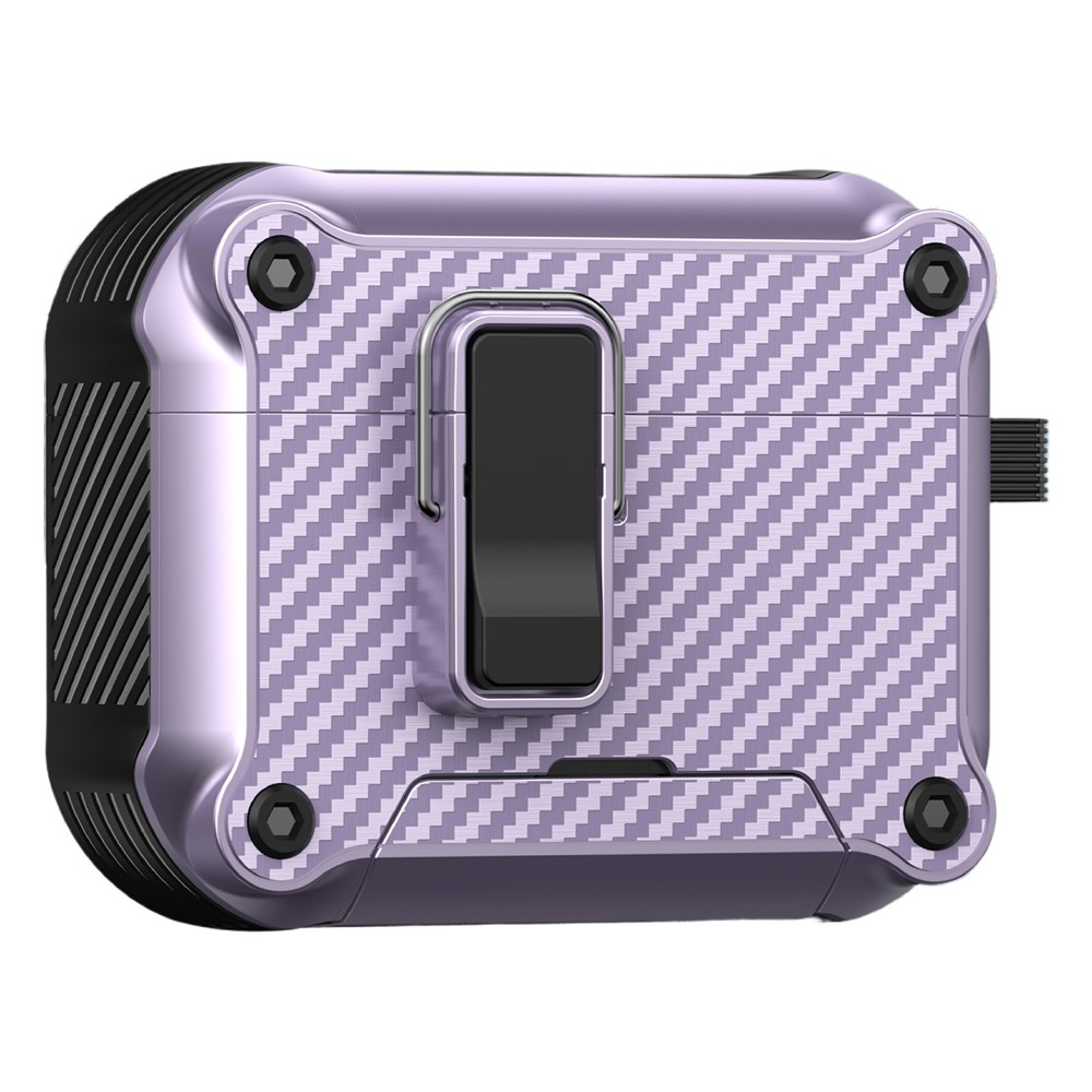 For AirPods Pro 2 Earphone Case Carbon Fiber Texture Phone Stand TPU + PC Magnetic Protective Cover with Carabiner - Purple
