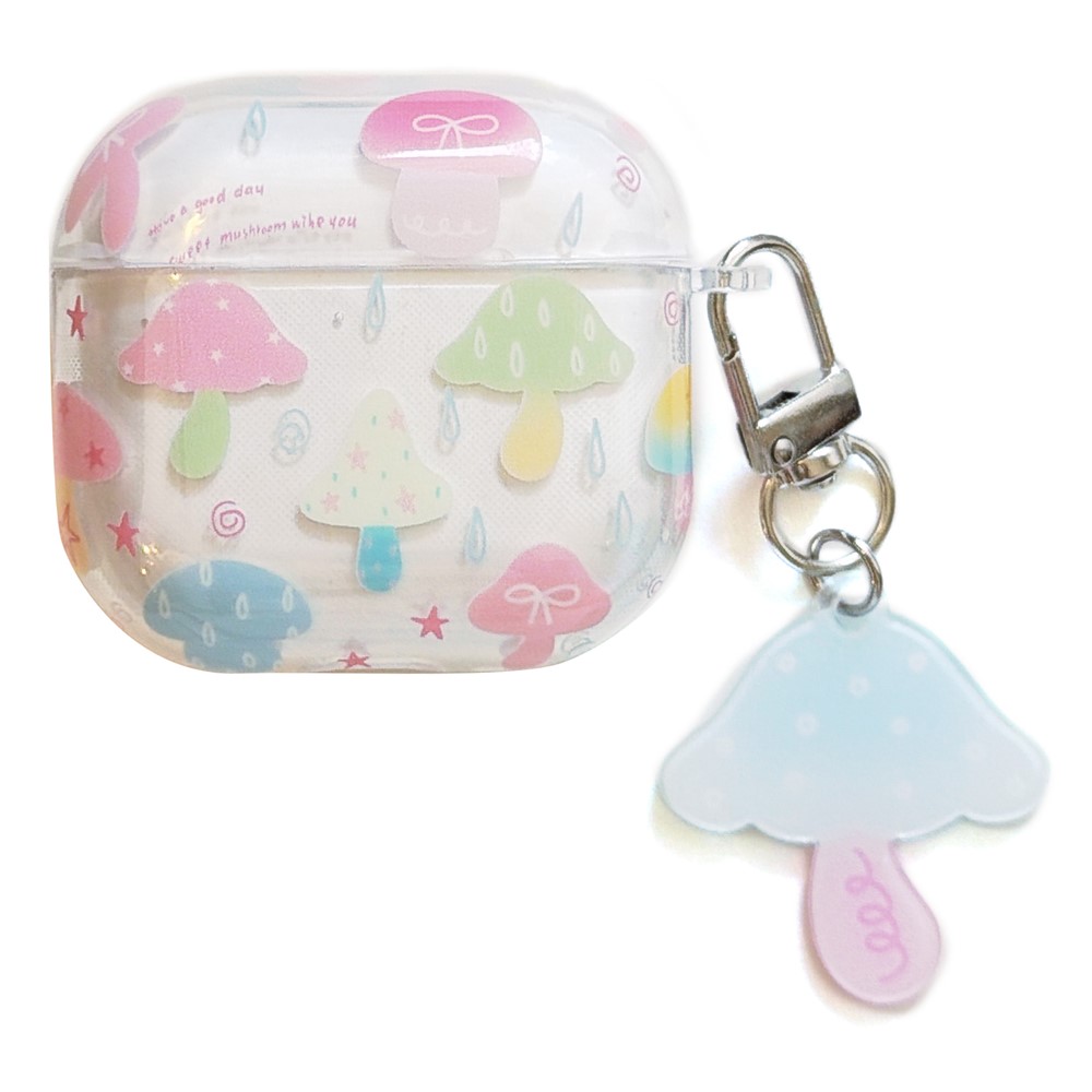 Case for Apple AirPods 4 IMD+TPU Colorful Mushroom Protective Cover with Keychain Charm & Buckle Clip