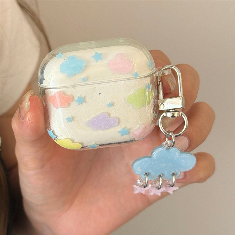Clear Case for AirPods 4 IMD+TPU Clouds Stars Pattern Shockproof Protective Cover with Keychain Charm & Buckle Clip