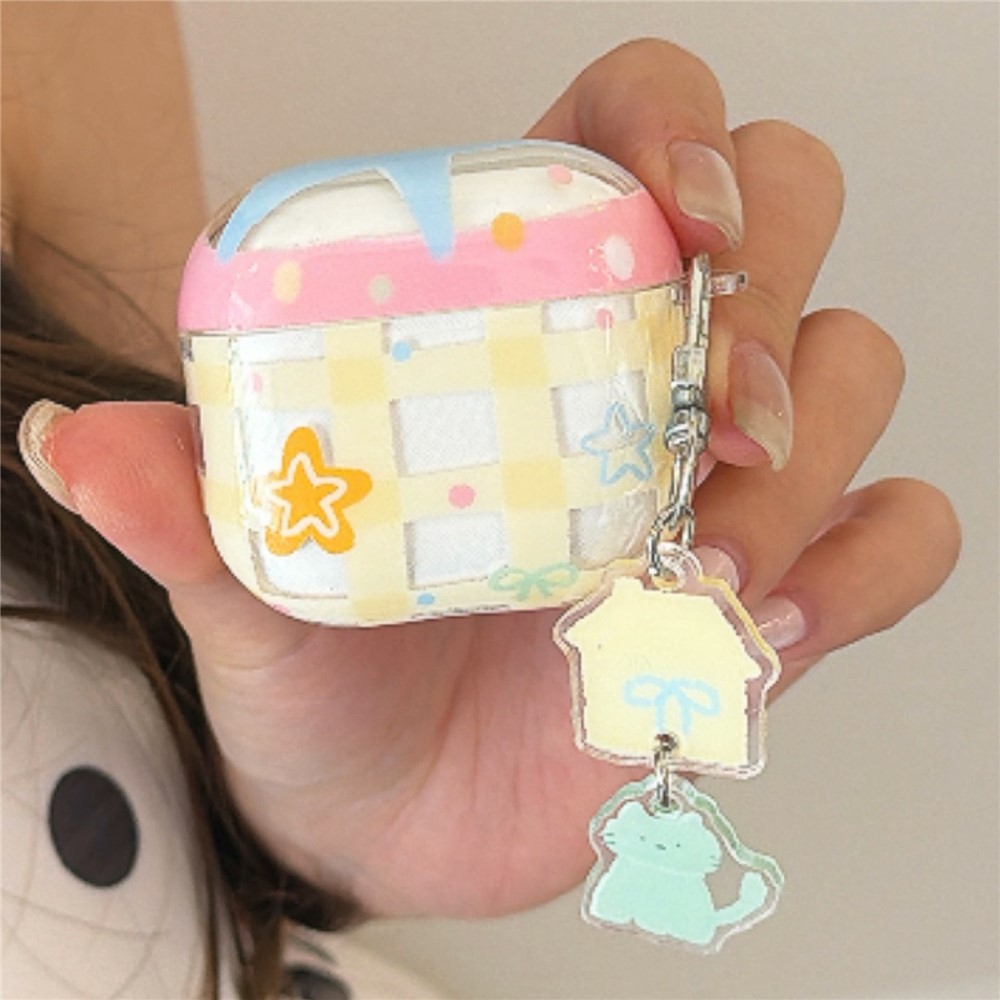 For AirPods 3 Case Yellow Grid Stars Pattern TPU Protective Cover with Pendant Buckle