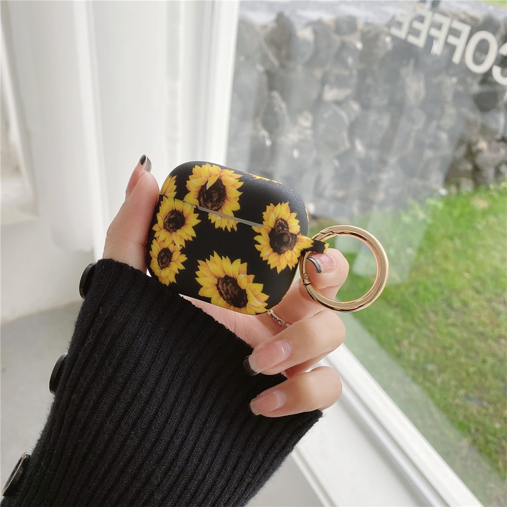 For AirPods 3 Silicone Case Daisy Sunflower Pattern Earphone Protective Cover with Metal Buckle - Black