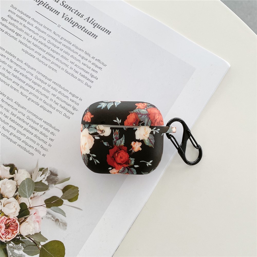 For Apple AirPods 3 Rose Flower Pattern Silicone Case Protective Cover with Anti-Lost Hook