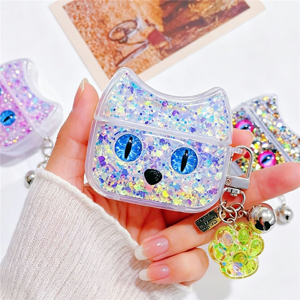 Sparkle Glitter Case for Apple AirPods with Wireless Charging Case (2019) / AirPods with Charging Case (2019) / (2016) , Cat Ear TPU Anti-Scratch Earphone Cover with Pendant - White