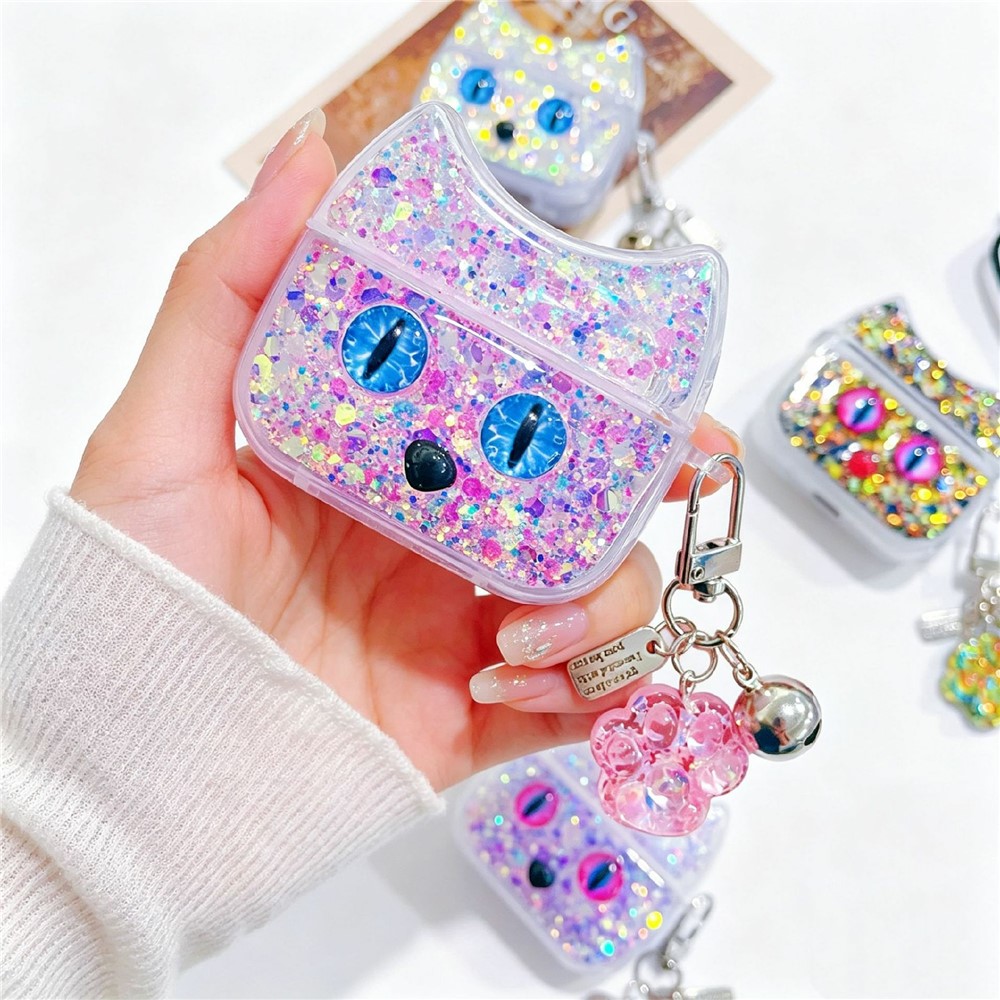 Sparkle Glitter Case for Apple AirPods with Wireless Charging Case (2019) / AirPods with Charging Case (2019) / (2016) , Cat Ear TPU Anti-Scratch Earphone Cover with Pendant - Pink