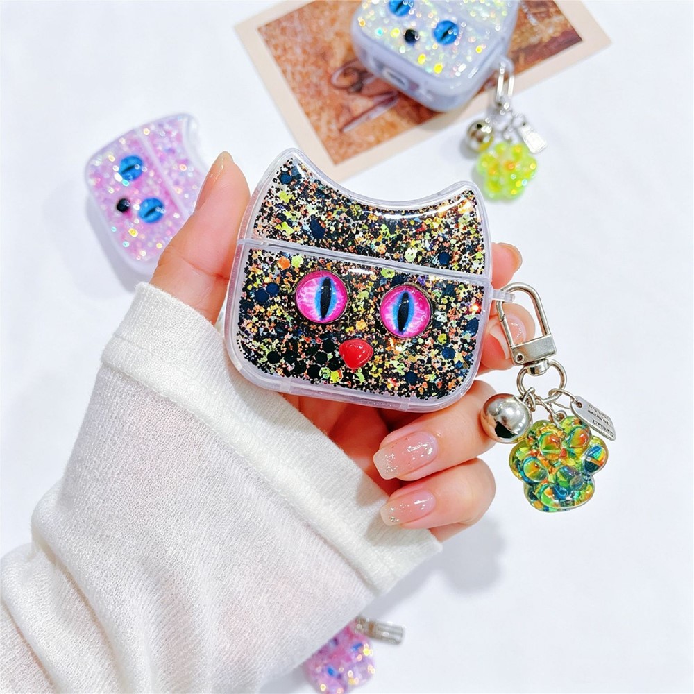 Sparkle Glitter Case for Apple AirPods with Wireless Charging Case (2019) / AirPods with Charging Case (2019) / (2016) , Cat Ear TPU Anti-Scratch Earphone Cover with Pendant - Black