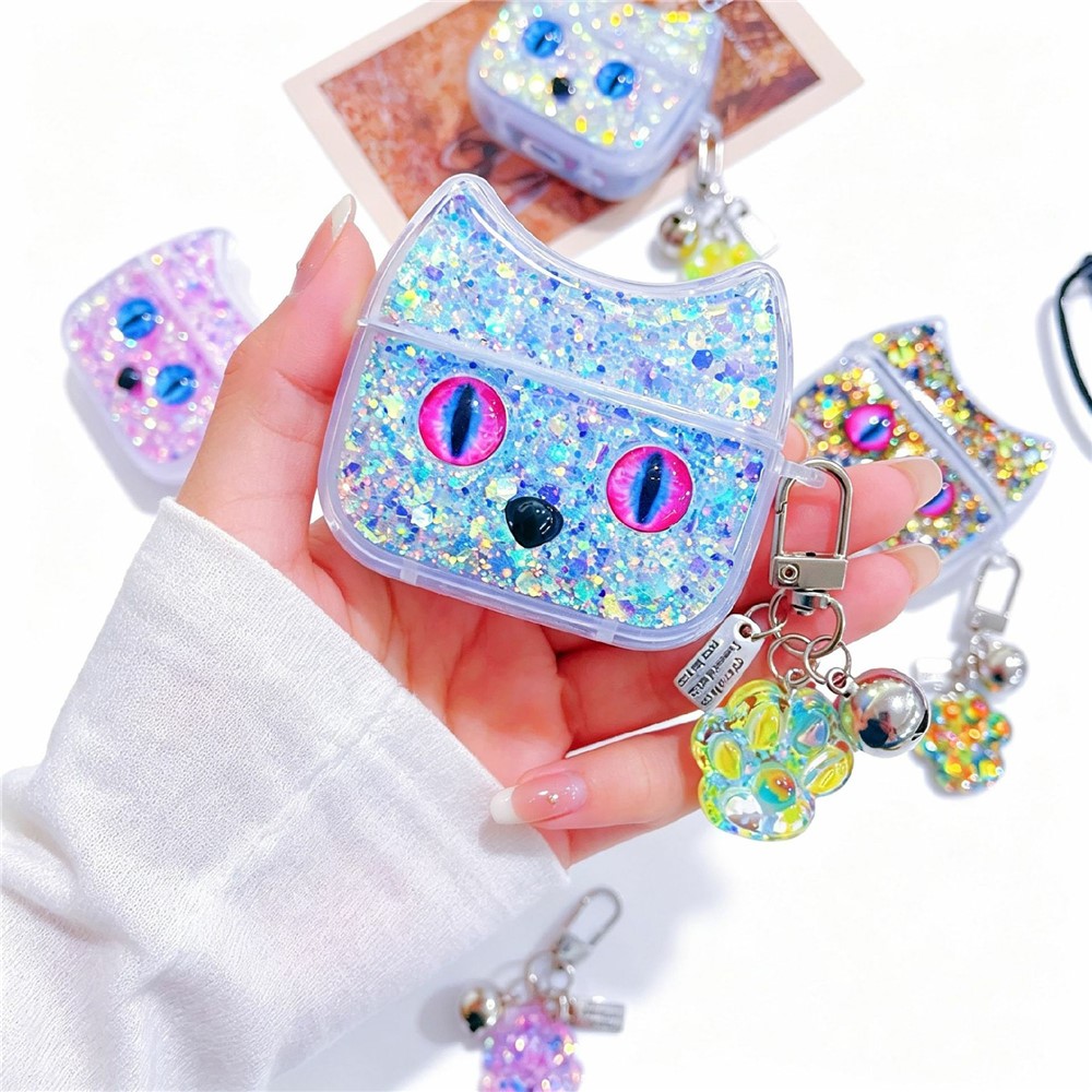Sparkle Glitter Case for Apple AirPods with Wireless Charging Case (2019) / AirPods with Charging Case (2019) / (2016) , Cat Ear TPU Anti-Scratch Earphone Cover with Pendant - Blue