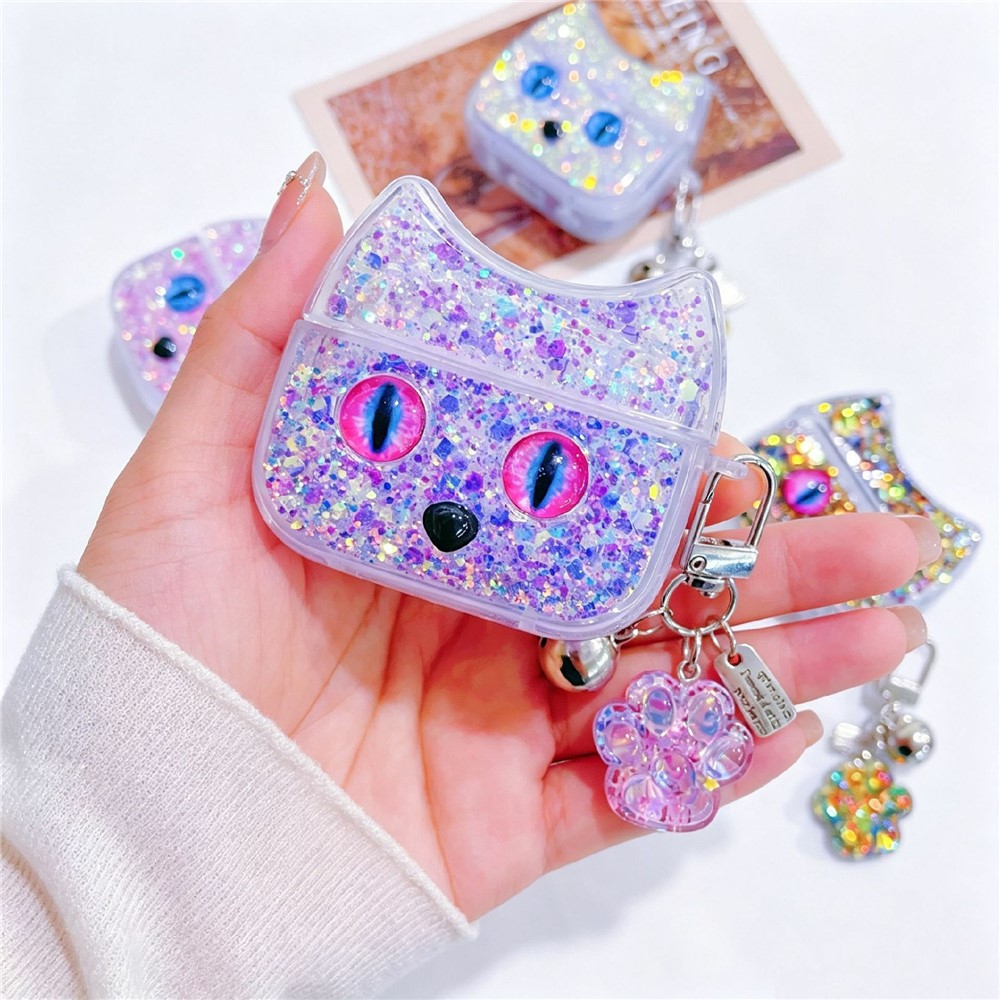 Sparkle Glitter Case for Apple AirPods with Wireless Charging Case (2019) / AirPods with Charging Case (2019) / (2016) , Cat Ear TPU Anti-Scratch Earphone Cover with Pendant - Purple