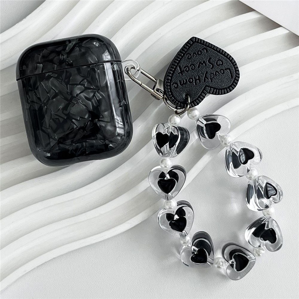 TPU Case for Apple AirPods with Wireless Charging Case (2019) / AirPods with Charging Case (2019) / (2016) Black Shell Texture Protective Cover with Heart Beaded Wrist Strap Chain