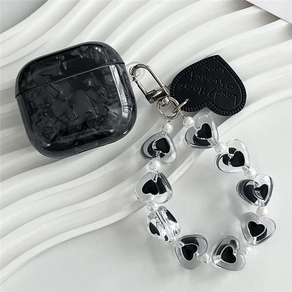 For AirPods 3 Protective Case Black Shell Texture TPU Earphone Cover with Heart Beaded Wrist Strap Chain