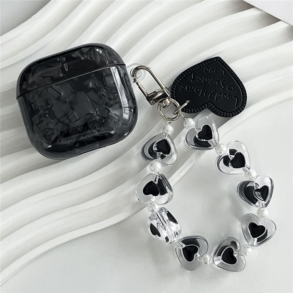 For AirPods 5 / 4 Protective Case Black Shell Texture TPU Earphone Cover with Heart Beaded Wrist Strap Chain