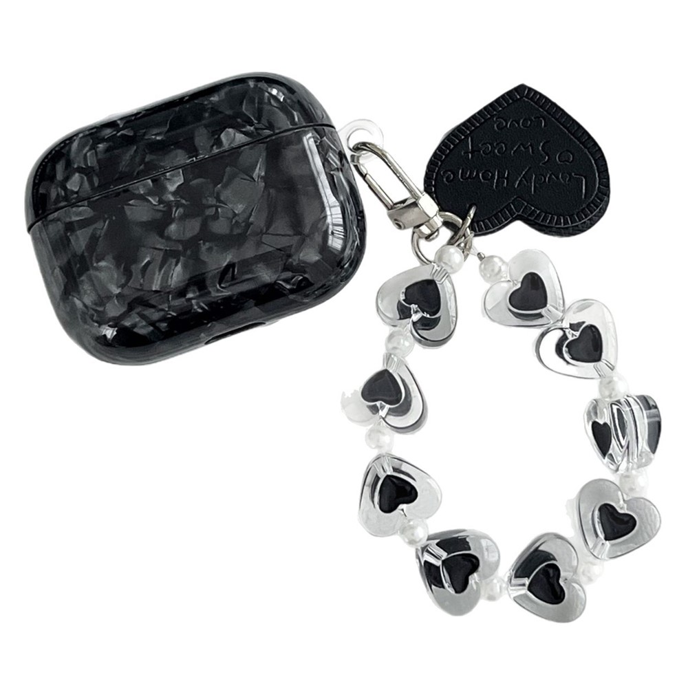 For AirPods Pro 2 Protective Case Black Shell Texture TPU Earphone Cover with Heart Beaded Wrist Strap Chain