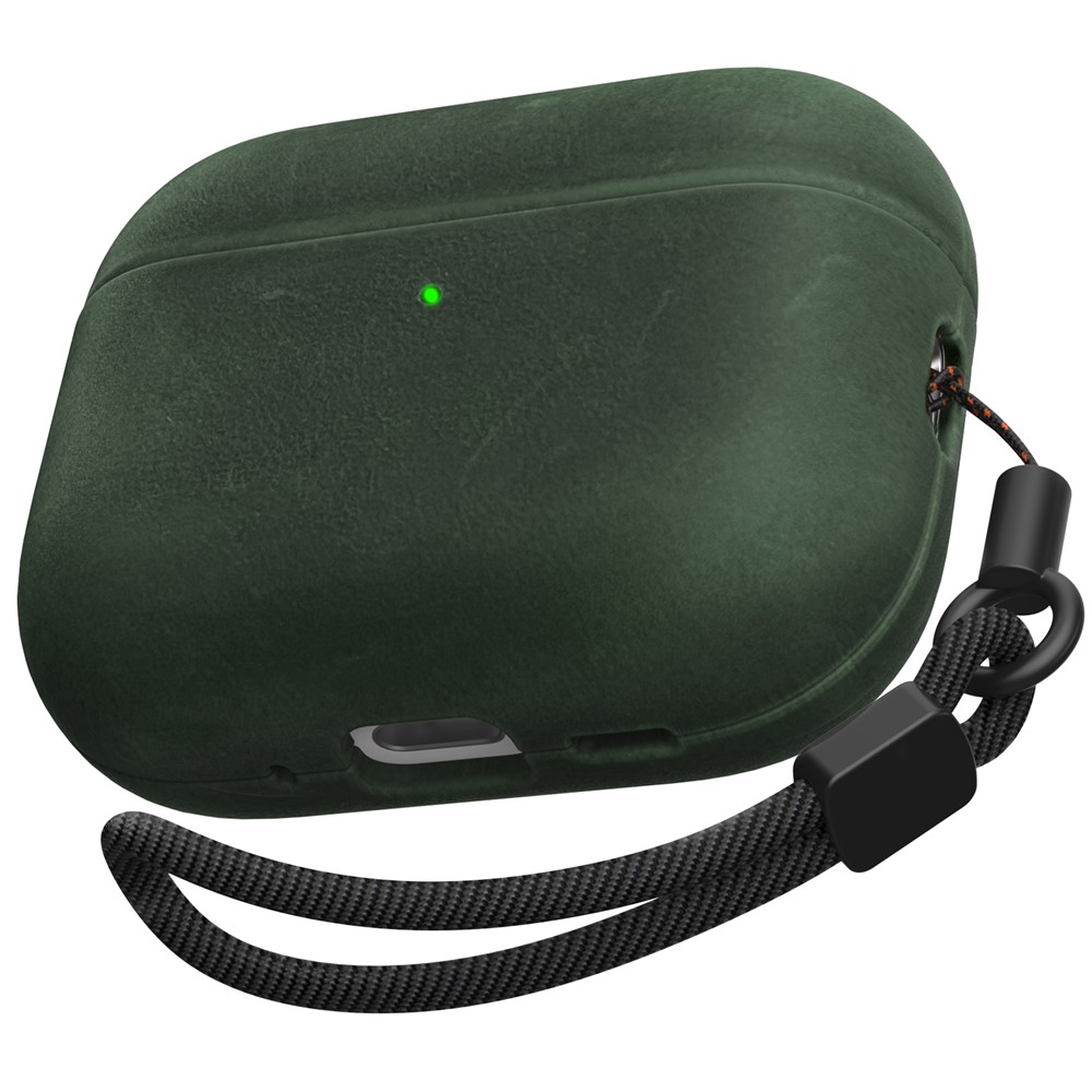 AHASTYLE BO09-P2 for AirPods Pro 2 Case Crazy Horse Texture Genuine Cow Leather Shockproof Cover with Detachable Lanyard - Midnight Green
