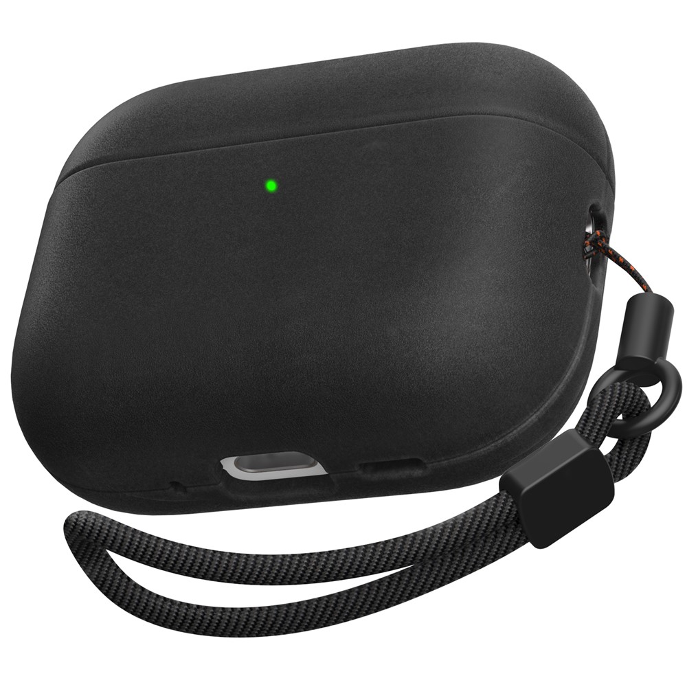 AHASTYLE BO09-P2 for AirPods Pro 2 Case Crazy Horse Texture Genuine Cow Leather Shockproof Cover with Detachable Lanyard - Black