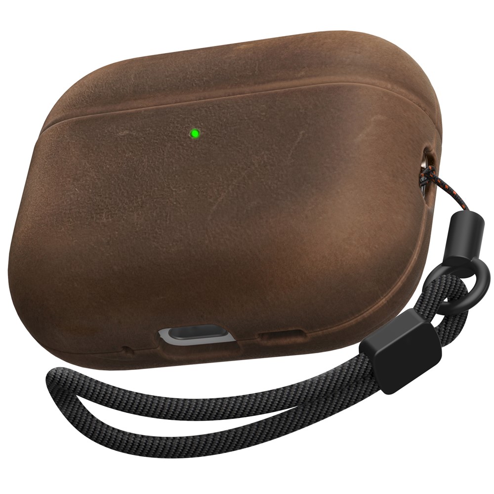 AHASTYLE BO09-P2 for AirPods Pro 2 Case Crazy Horse Texture Genuine Cow Leather Shockproof Cover with Detachable Lanyard - Dark Brown