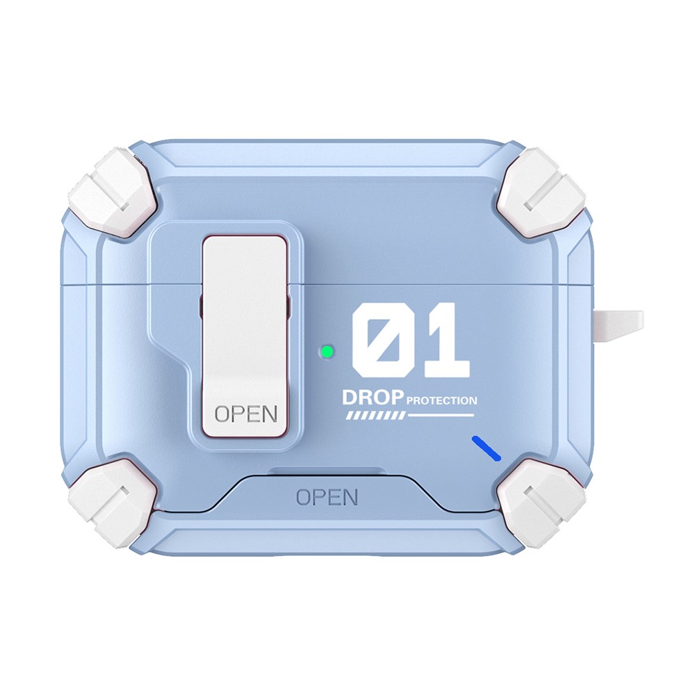 For AirPods 5 / 4 Magnetic Earphone Case Phone Stand Numerical Design TPU + PC Shockproof Cover with Carabiner - White + Baby Blue 01