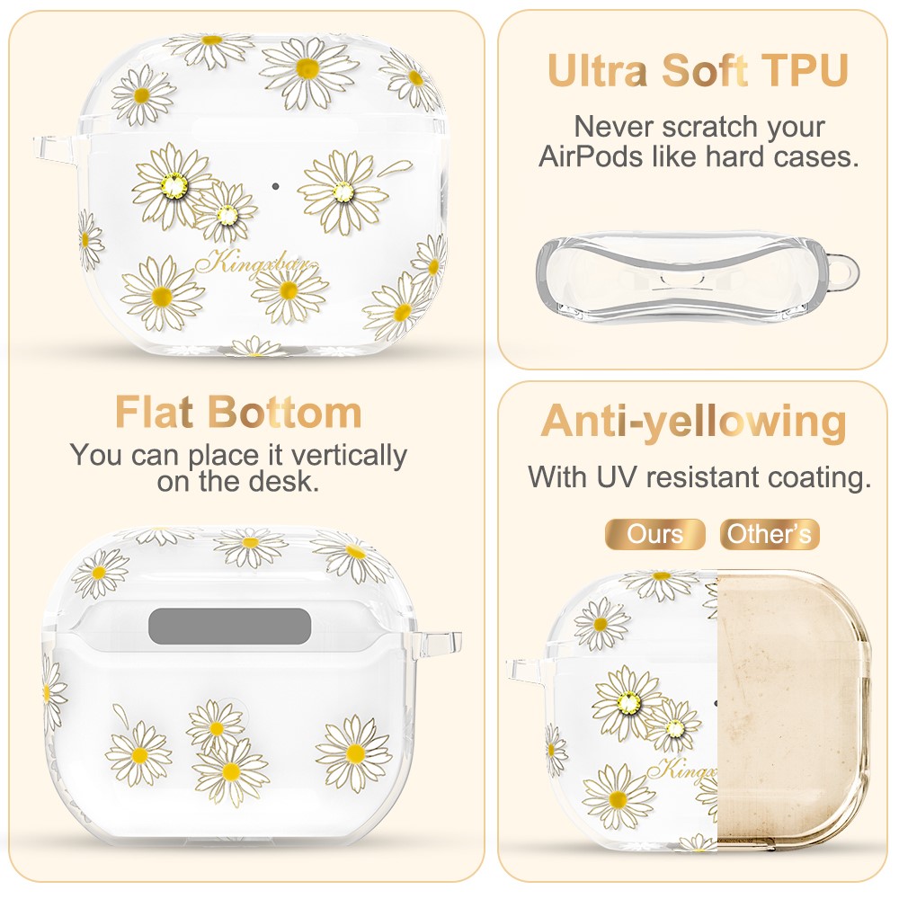 KINGXBAR Light Sweet Series Anti-drop TPU Charging Case Cover Scratch Resistant Slim Earbuds Case Protector with Keychain for Apple AirPods 3 - Daisy-8