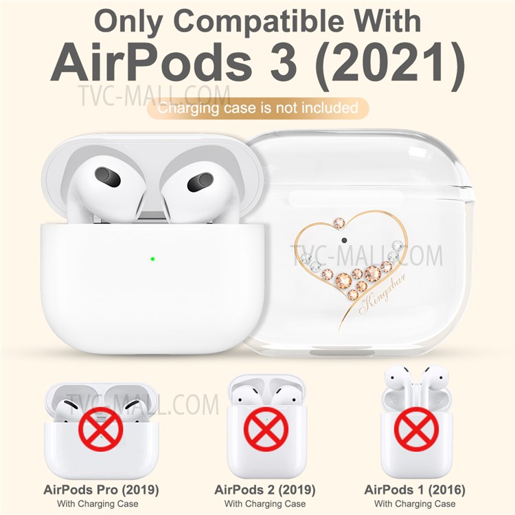 KINGXBAR Heart Series Rhinestones TPU Earbuds Case Cover Portable Drop-proof Charging Case Protector with Keychain for Apple AirPods 3 - Champagne Gold-7