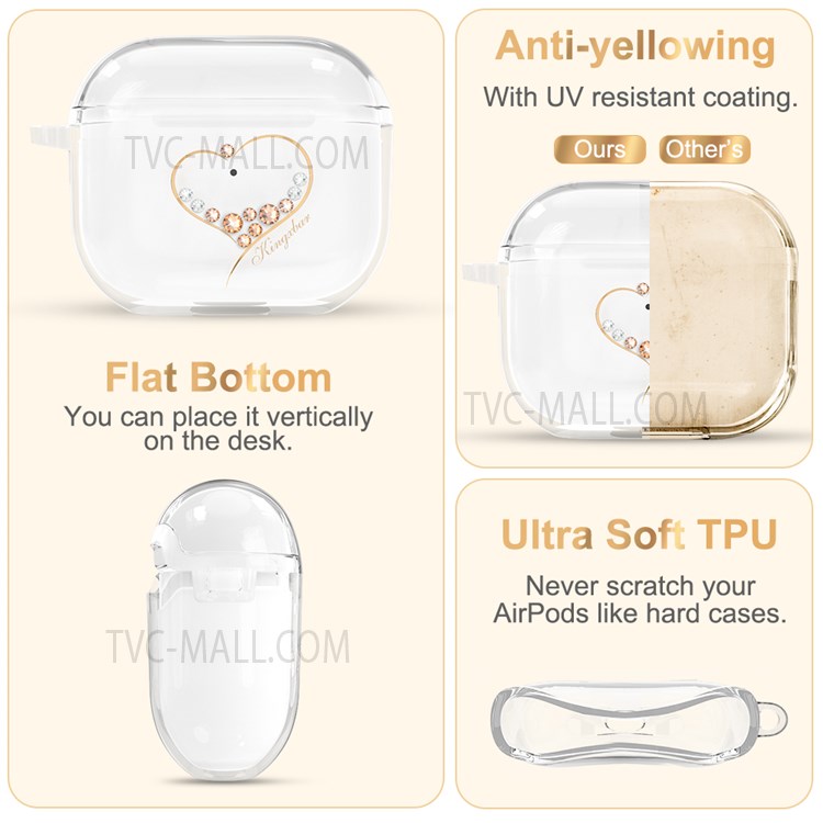 KINGXBAR Heart Series Rhinestones TPU Earbuds Case Cover Portable Drop-proof Charging Case Protector with Keychain for Apple AirPods 3 - Champagne Gold-8