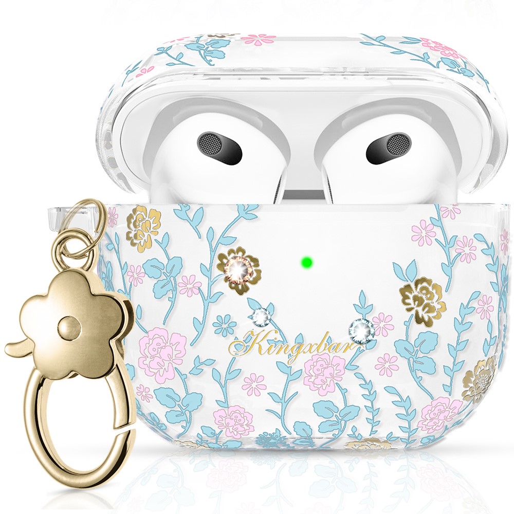 KINGXBAR Flora Series Anti-drop TPU Earbuds Case Cover Portable Scratch Resistant Charging Case Protector with Keychain for Apple AirPods 3 - Pink/Blue-1