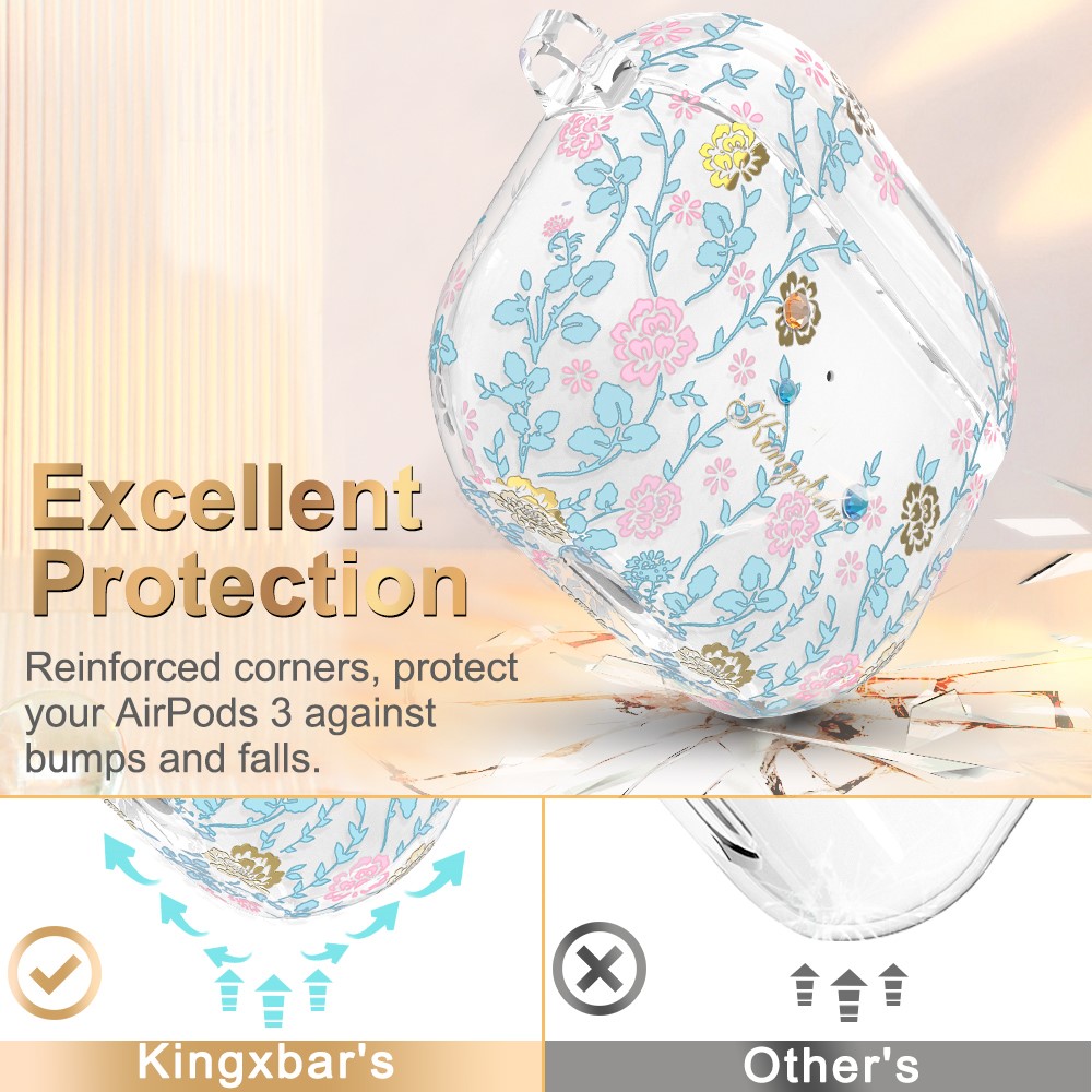 KINGXBAR Flora Series Anti-drop TPU Earbuds Case Cover Portable Scratch Resistant Charging Case Protector with Keychain for Apple AirPods 3 - Pink/Blue-6