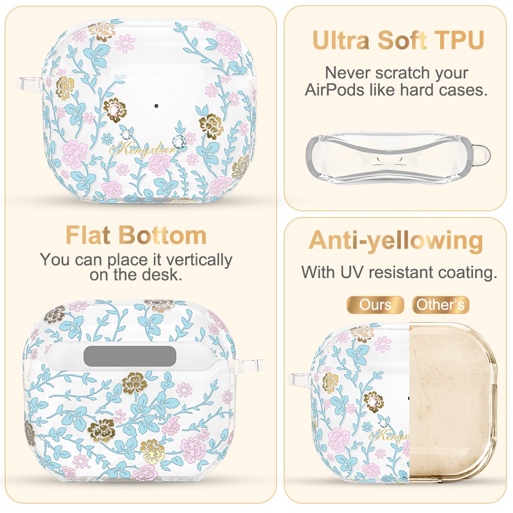 KINGXBAR Flora Series Anti-drop TPU Earbuds Case Cover Portable Scratch Resistant Charging Case Protector with Keychain for Apple AirPods 3 - Pink/Blue-8