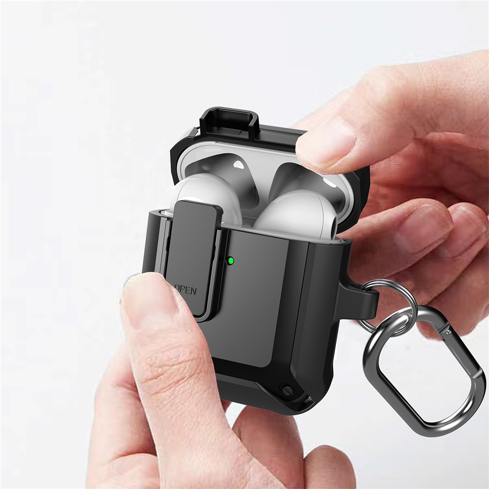2 in 1 TPU + PC Anti-drop Earbuds Case Protector Shock-resistant Portable Earphone Charging Case Cover with Lock/Buckle for AirPods 1/2 - Black-3