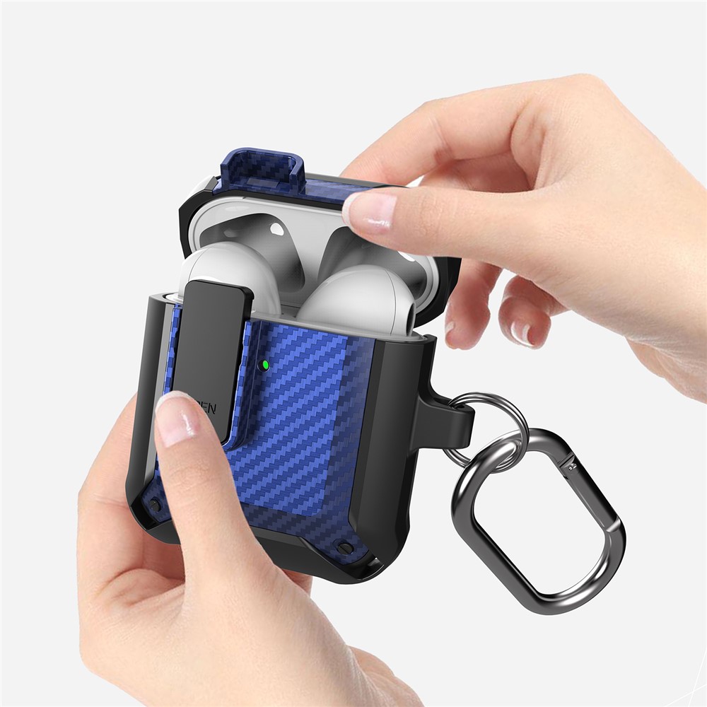 Portable 2 in 1 TPU + PC Frame Earbuds Case Cover Shock-resistant Earphone Charging Case Cover Anti-drop Protective Case with Buckle for AirPods 1/2 - Black/Blue-3