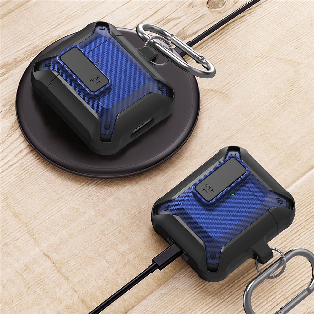 Portable 2 in 1 TPU + PC Frame Earbuds Case Cover Shock-resistant Earphone Charging Case Cover Anti-drop Protective Case with Buckle for AirPods 1/2 - Black/Blue-4