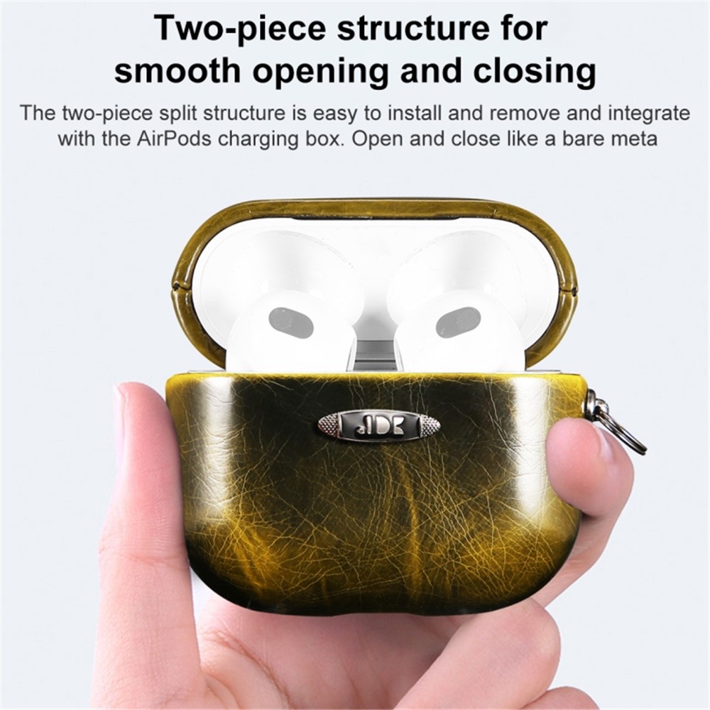 For Apple AirPods Pro Earphone Protective Case Waxy PU Leather Earbuds Charging Box Anti-scratch Cover with Hanging Buckle - Yellow-2