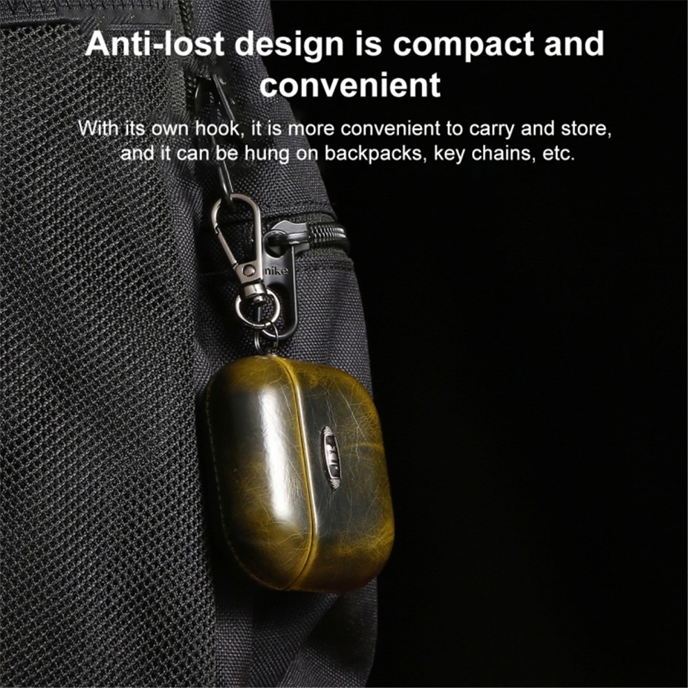 For Apple AirPods Pro Earphone Protective Case Waxy PU Leather Earbuds Charging Box Anti-scratch Cover with Hanging Buckle - Yellow-5