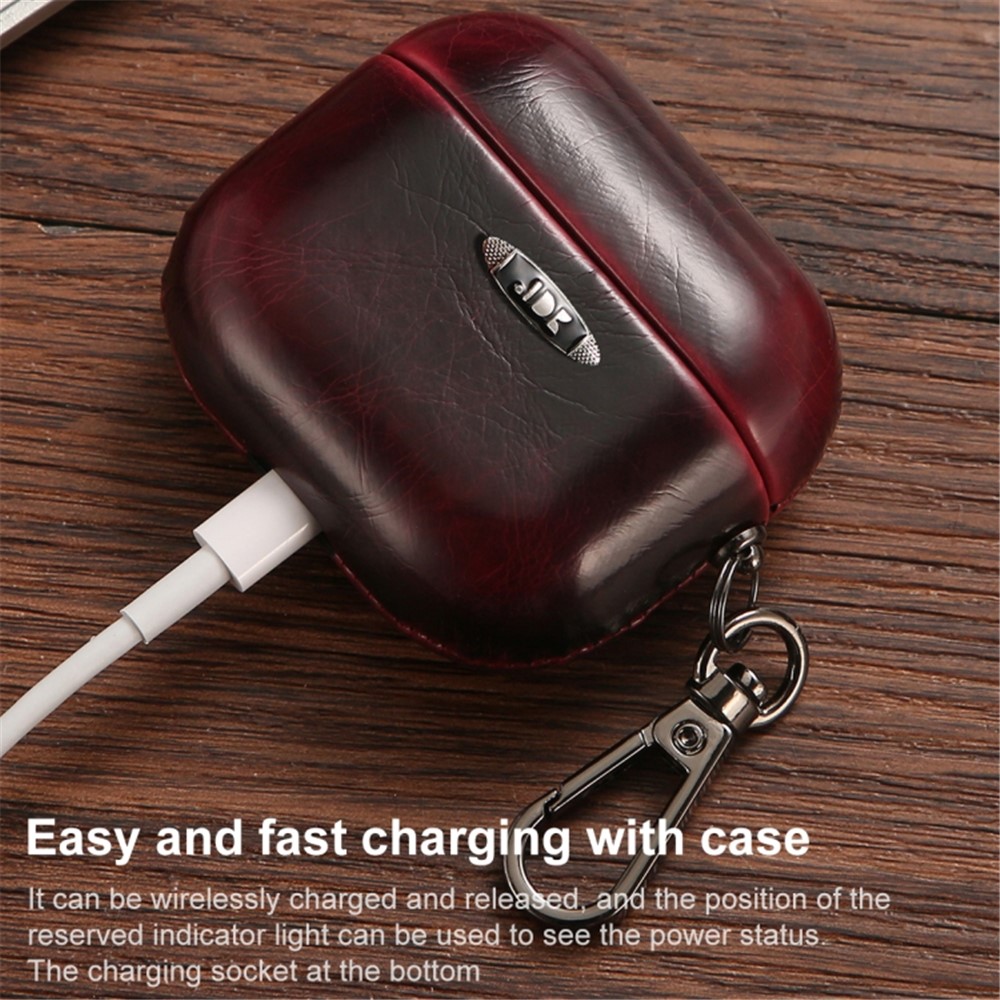 For Apple AirPods Pro Earphone Protective Case Waxy PU Leather Earbuds Charging Box Anti-scratch Cover with Hanging Buckle - Yellow-6