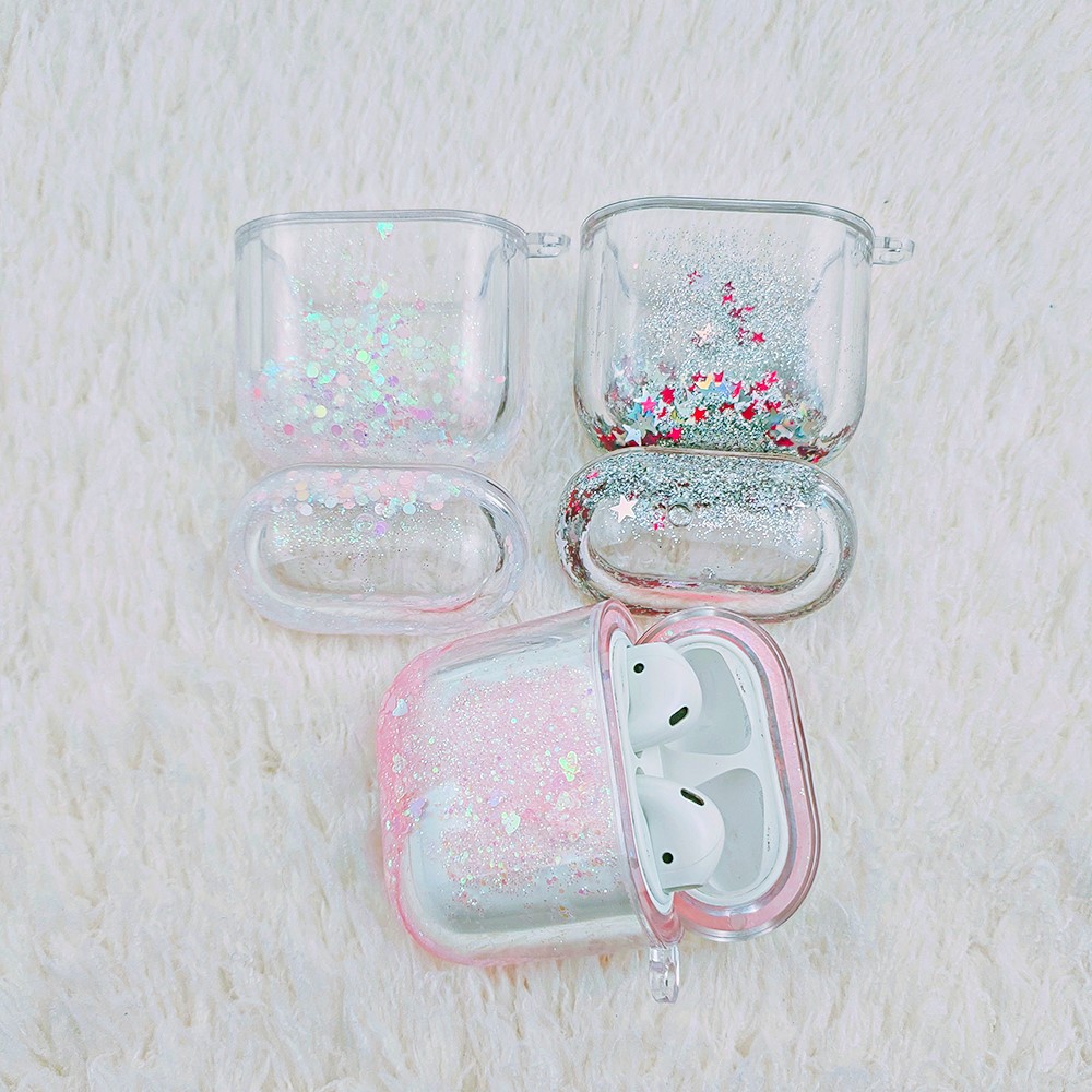 For Apple AirPods 1/2/with Charging Case (2016)/with Charging Case (2019)/with Wireless Charging Case (2019) Glittering Powder Quicksand Clear Based PC Cover Case - Blue-3