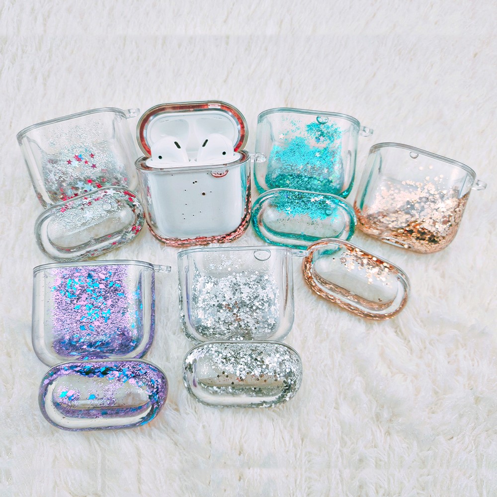 For Apple AirPods 1/2/with Charging Case (2016)/with Charging Case (2019)/with Wireless Charging Case (2019) Glittering Powder Quicksand Clear Based PC Cover Case - Blue-5