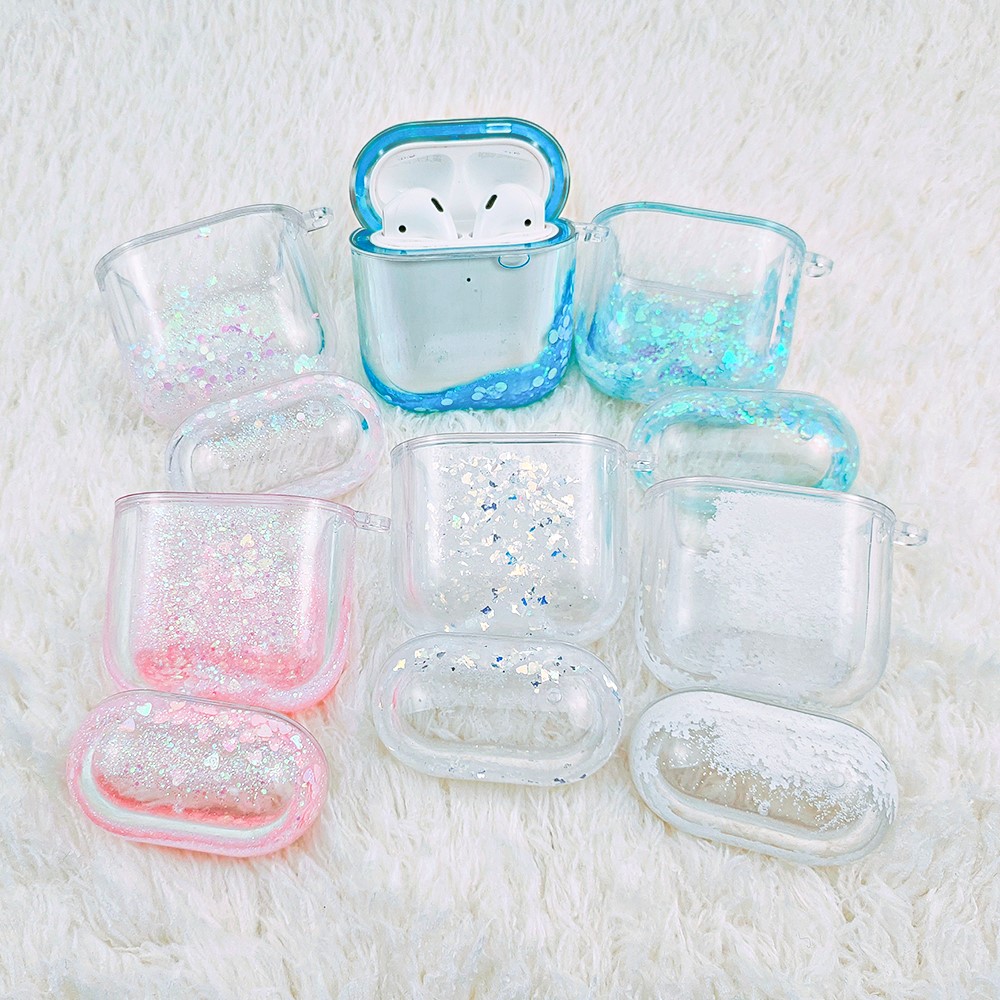 For Apple AirPods 1/2/with Charging Case (2016)/with Charging Case (2019)/with Wireless Charging Case (2019) Glittering Powder Quicksand Clear Based PC Cover Case - Blue-6